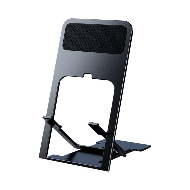 Adjustable folding black mobile phone and tablet stand holder resting on a flat surface — view 2