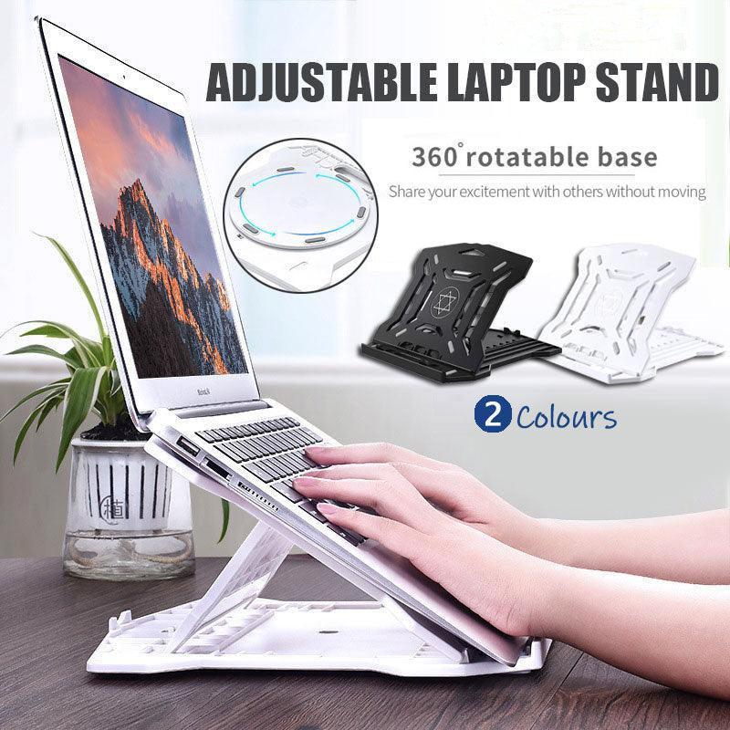 Foldable plastic adjustable laptop stand with 360-degree rotating base and a built-in mobile phone holder