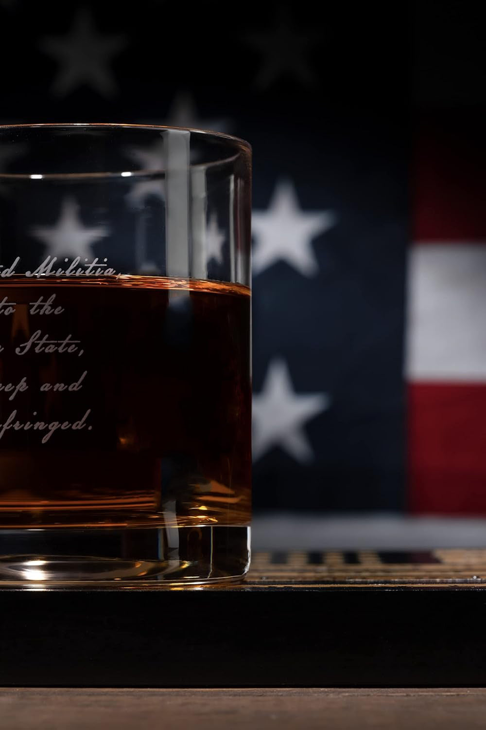 Four 11oz bullet embedded whiskey glasses on an engraved mahogany American flag wooden tray — view 4