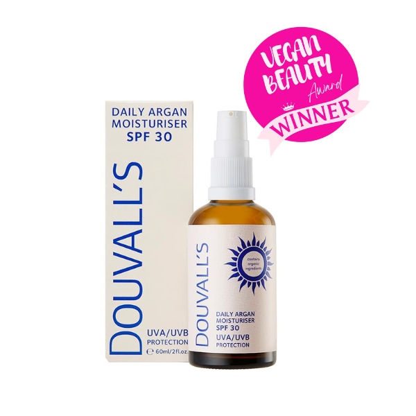 Argan daily moisturizer SPF30 in a 60ml recyclable glass bottle with white pump dispenser