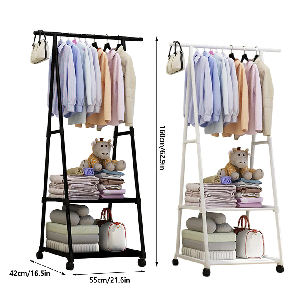Triangle metal coat rack with hanging rod and bottom shelves in black and white finish — view 3