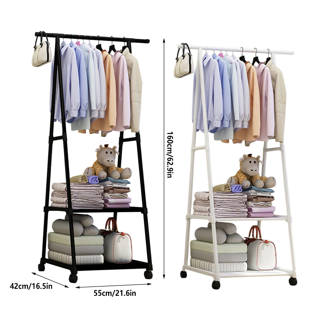 Triangle metal coat rack with hanging rod and bottom shelves in black and white finish — view 3