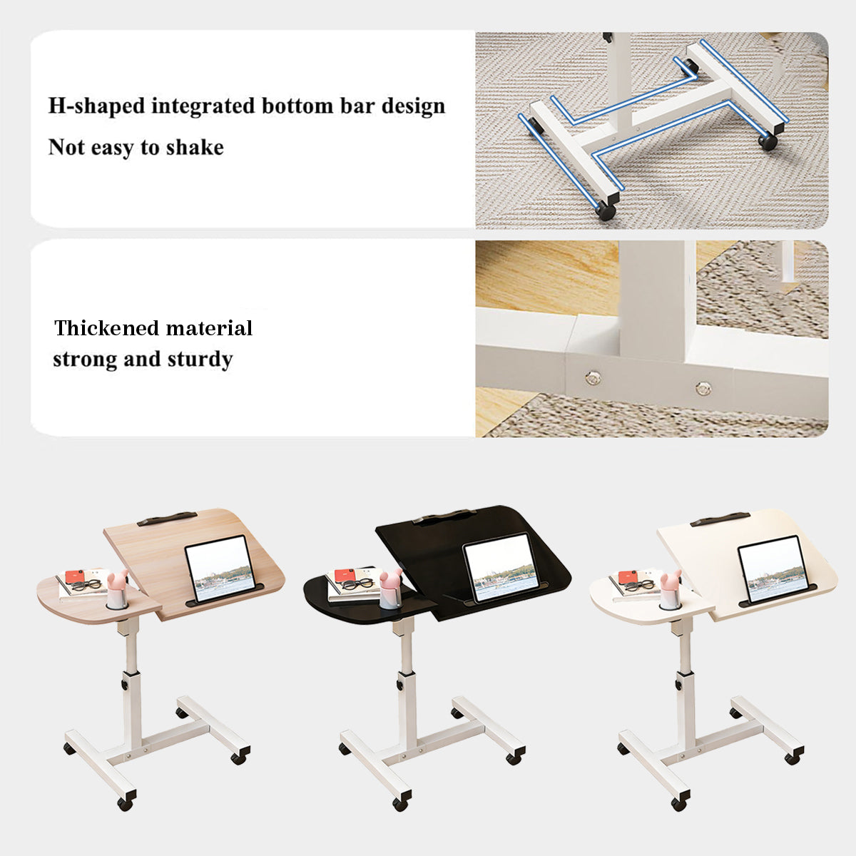 Portable adjustable height rolling laptop desk with tilted wood grain tabletop metal frame and caster wheels — view 4