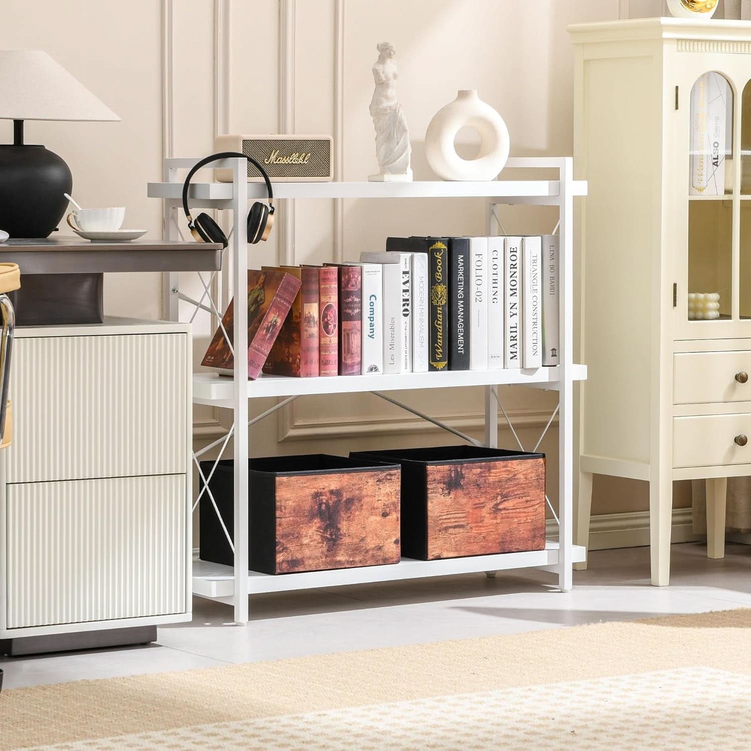 3-tier white bookshelf with metal frame and open MDF shelving for home office storage — view 2