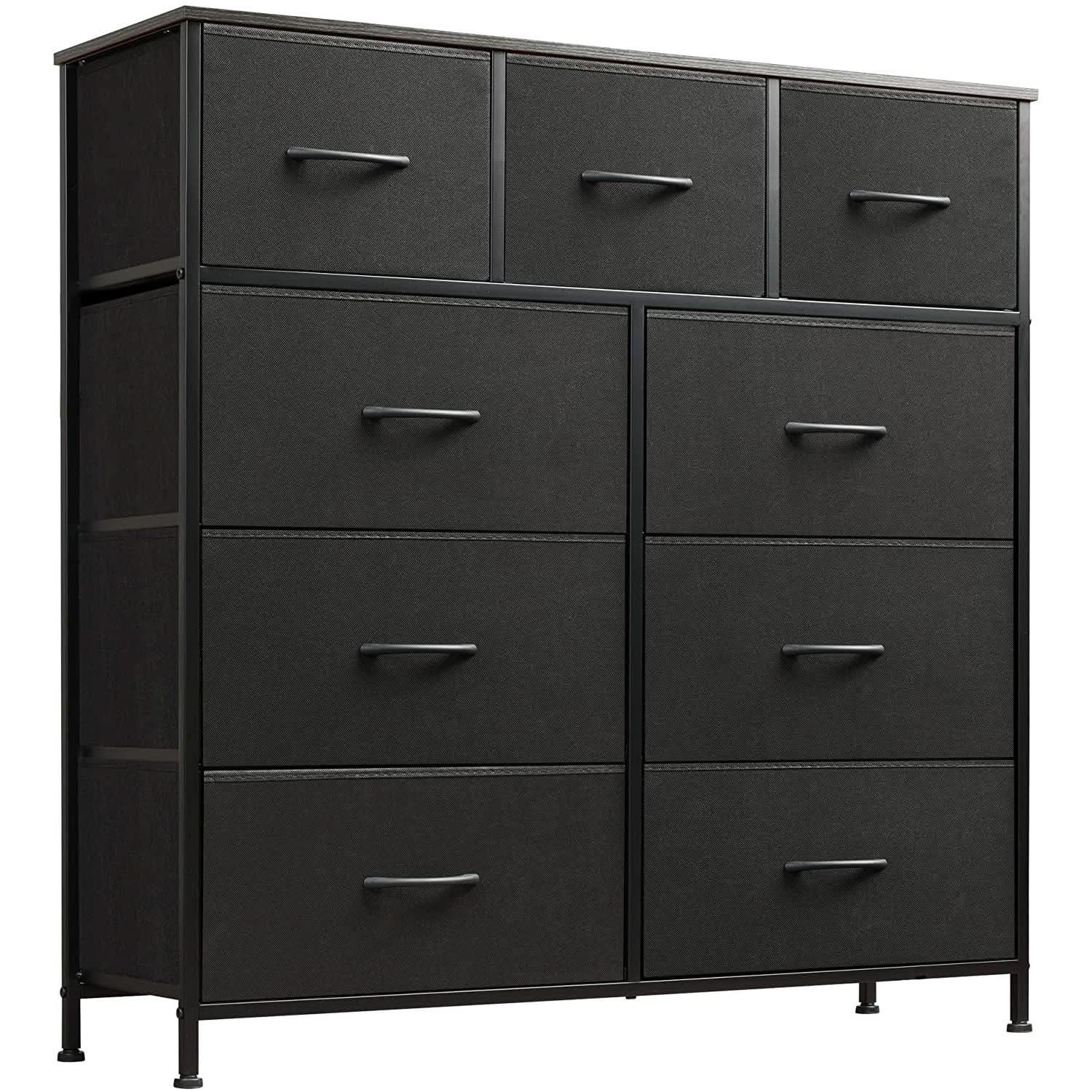 9 drawer fabric storage tower in charcoal black featuring a steel frame and wood top — view 2