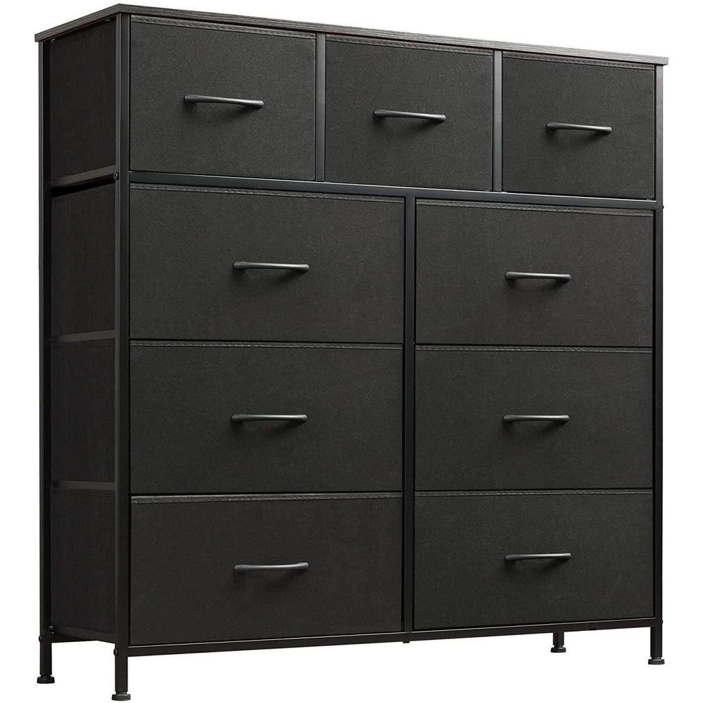 Charcoal black 9-drawer fabric storage tower with steel frame and water-resistant wood top — view 2