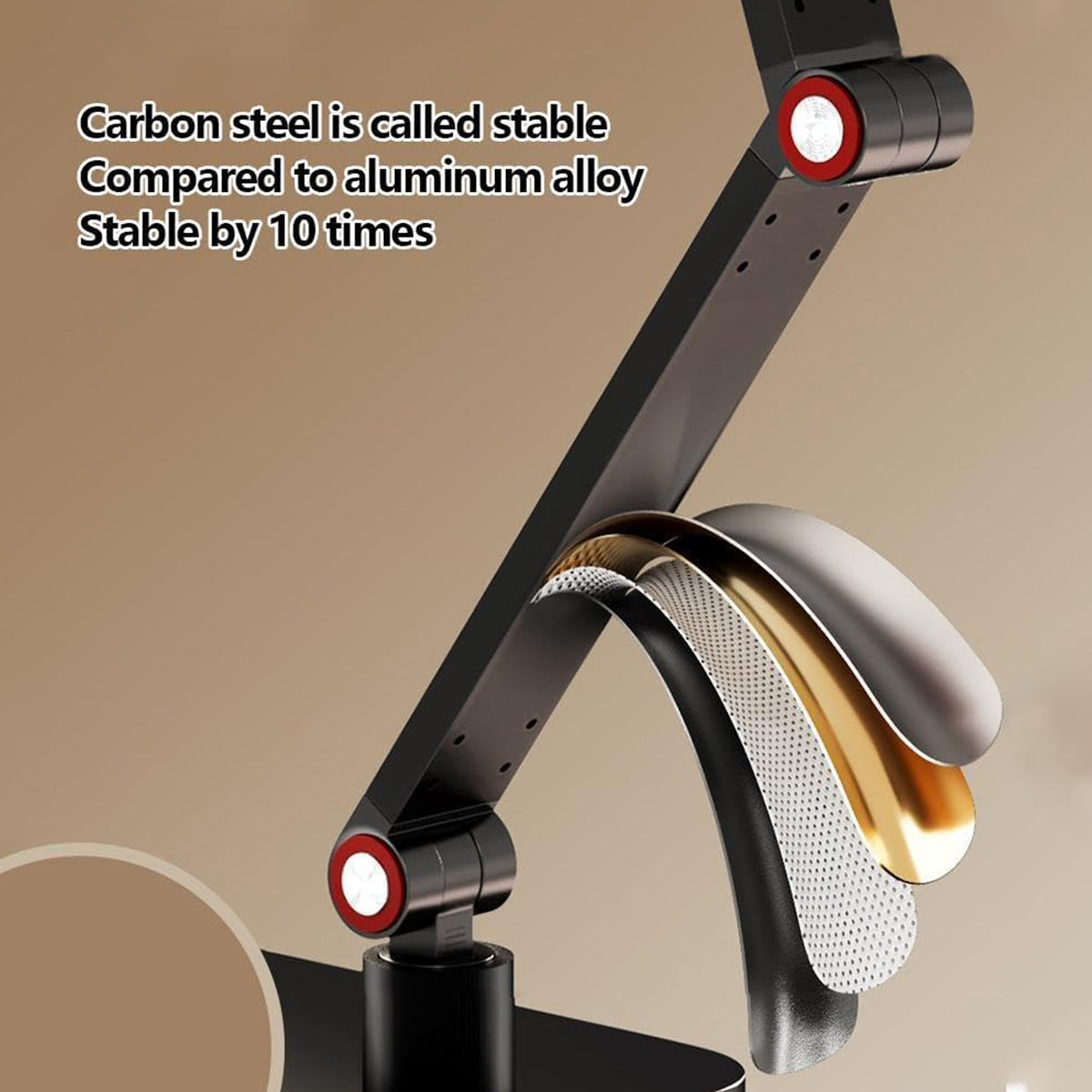 Adjustable carbon steel folding phone and tablet stand positioned upright for a home office desk setup — view 4