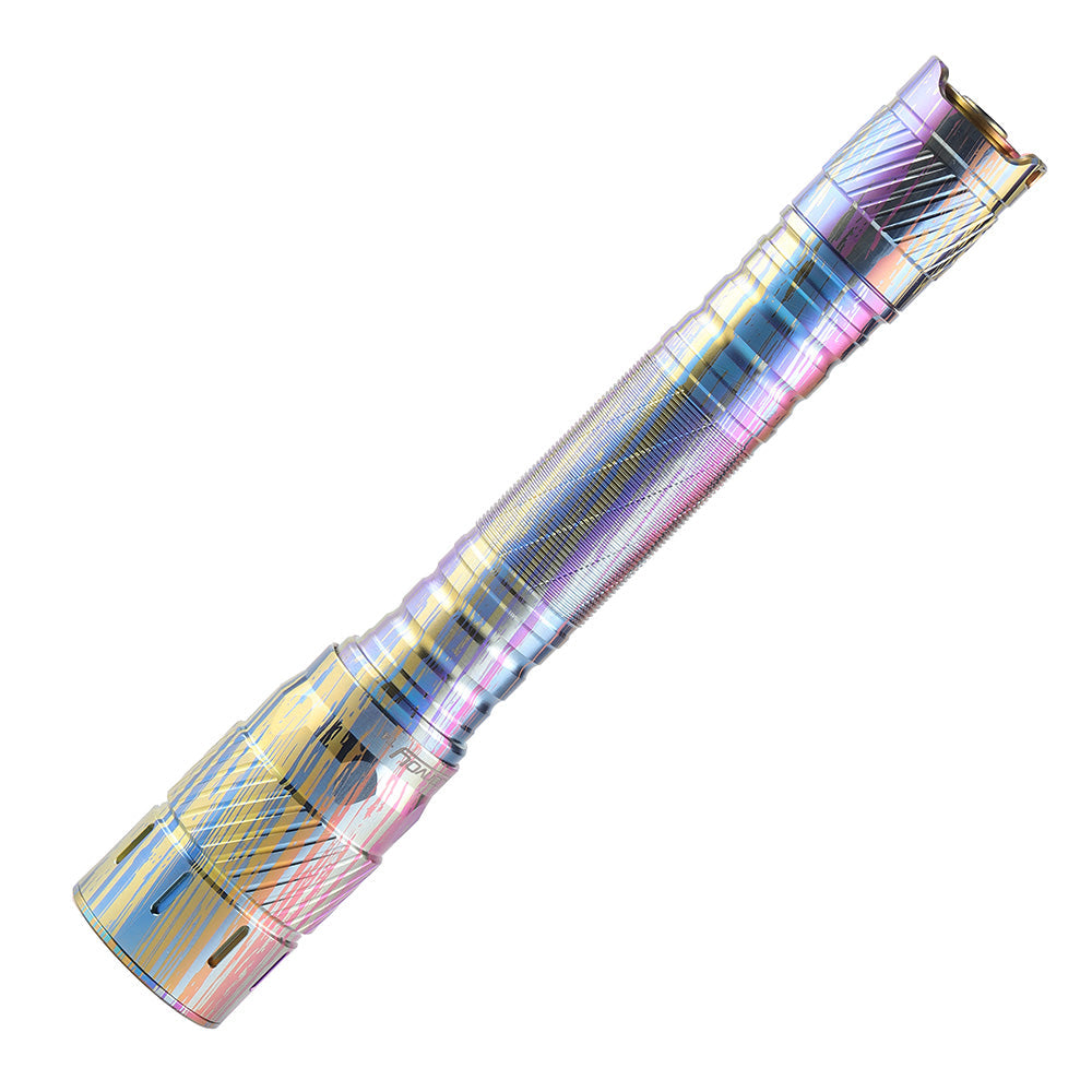 Metallic Convoy T4 Titanium EDC Flashlight showing orange peel reflector and tail switch — view 5