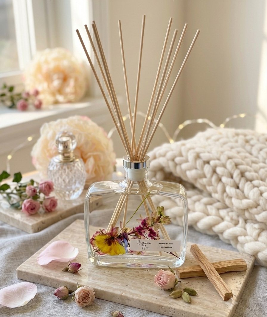 Handmade botanical reed diffuser in a clear minimalist glass bottle with natural rattan reeds — view 2