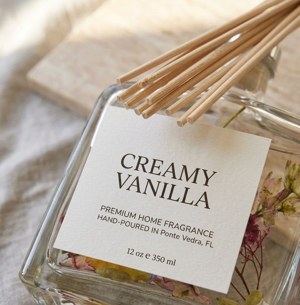 Handmade botanical reed diffuser in a clear minimalist glass bottle with natural rattan reeds — view 3