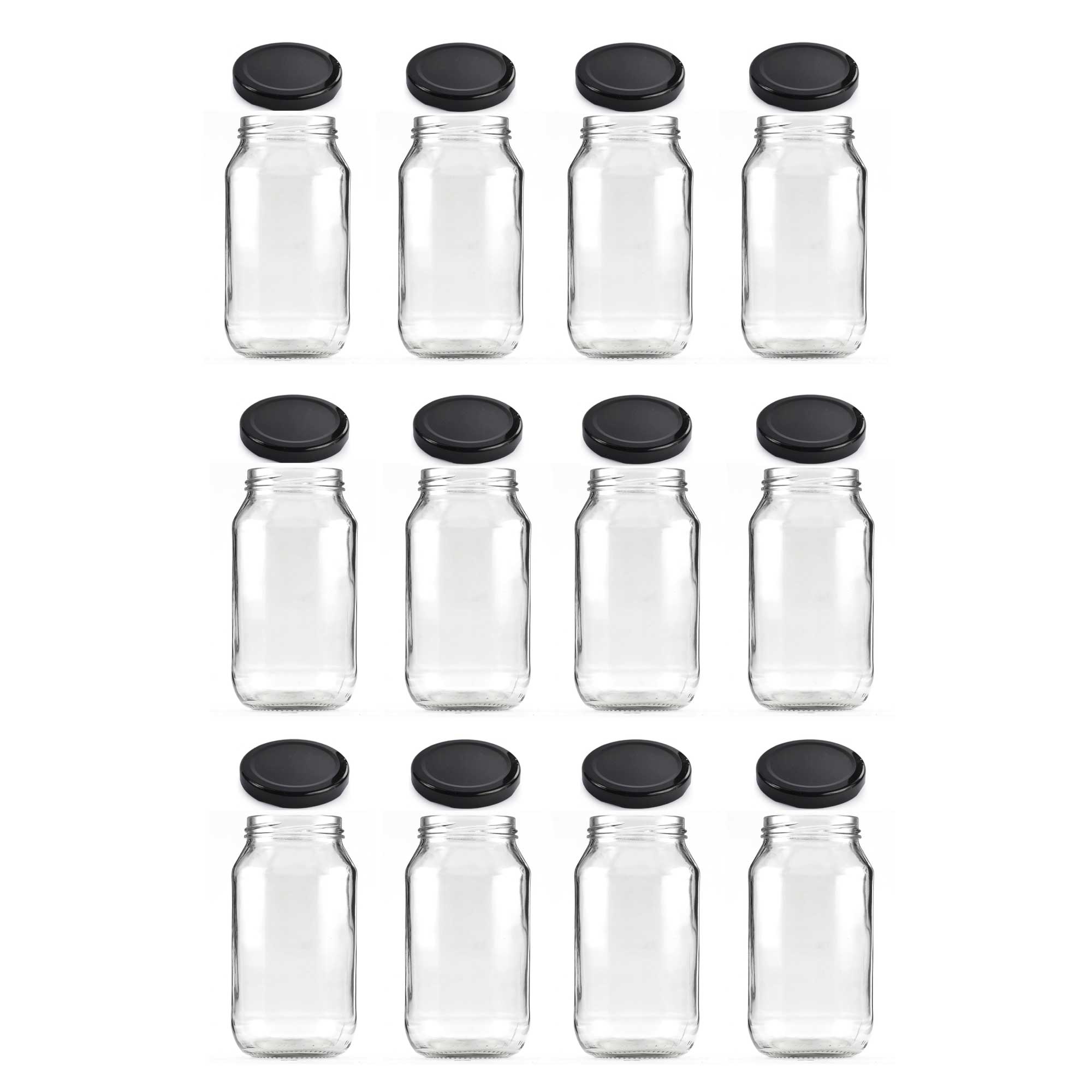12 pack of 500ml clear flint glass jars with black metal twist lids for food storage