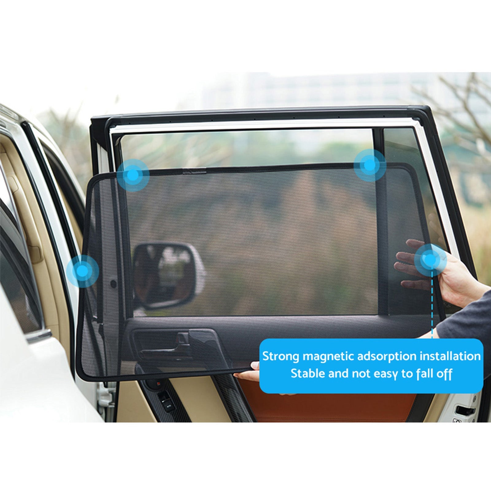 Magnetic mesh car window shade installed on a Subaru Outback blocking sunlight and UV rays — view 5
