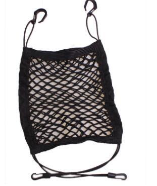 Black polyester universal car seat storage net and pet barrier suspended between two front seats — view 5