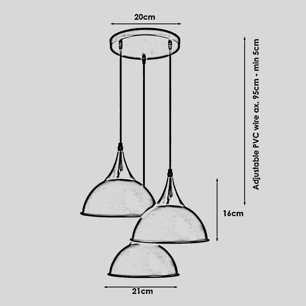 Three head modern white and gold metal dome pendant light hanging from a ceiling plate — view 2