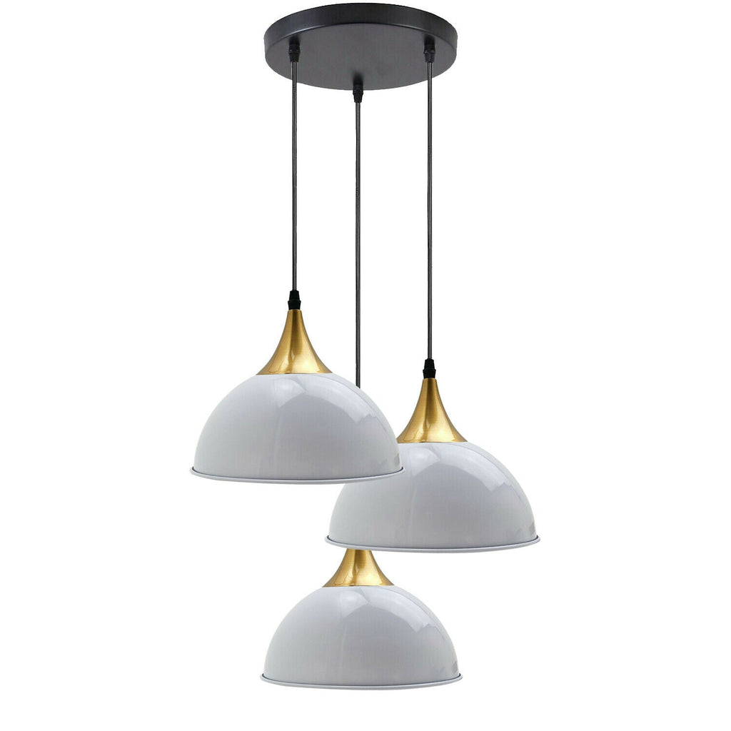 Three head modern white and gold metal dome pendant light hanging from a ceiling plate — view 4