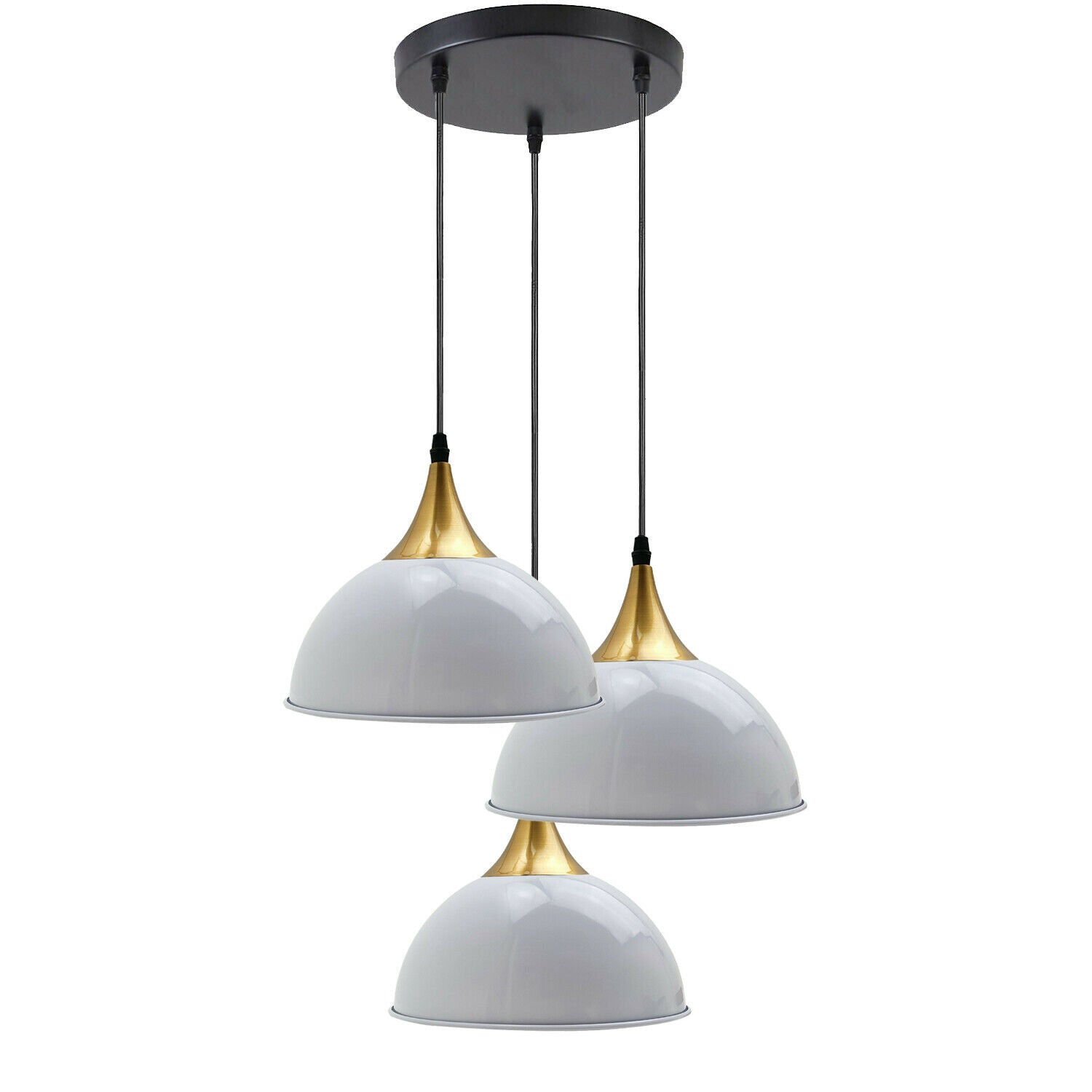 Three head modern white and gold metal dome pendant light hanging from a ceiling plate — view 4