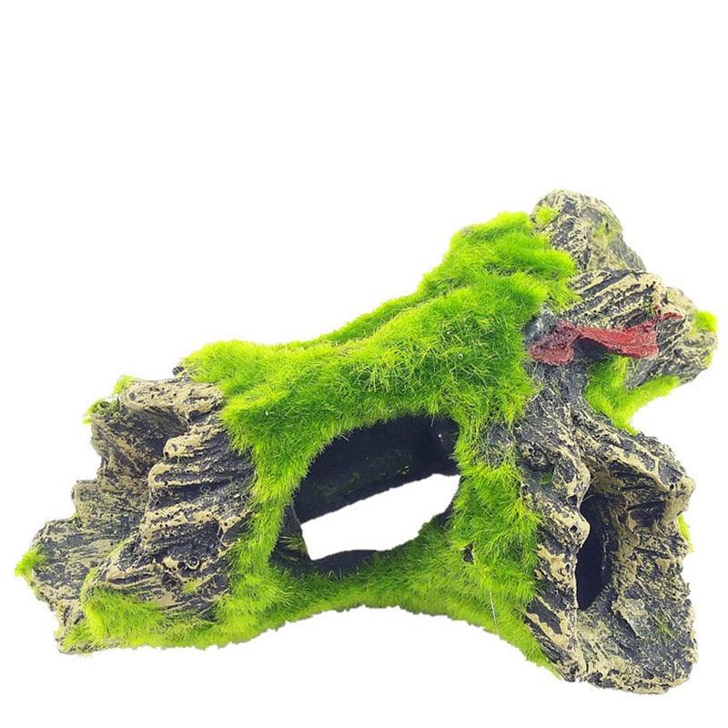 Resin sink wood aquarium decoration with tree hole design and green flocking details for fish tanks — view 2