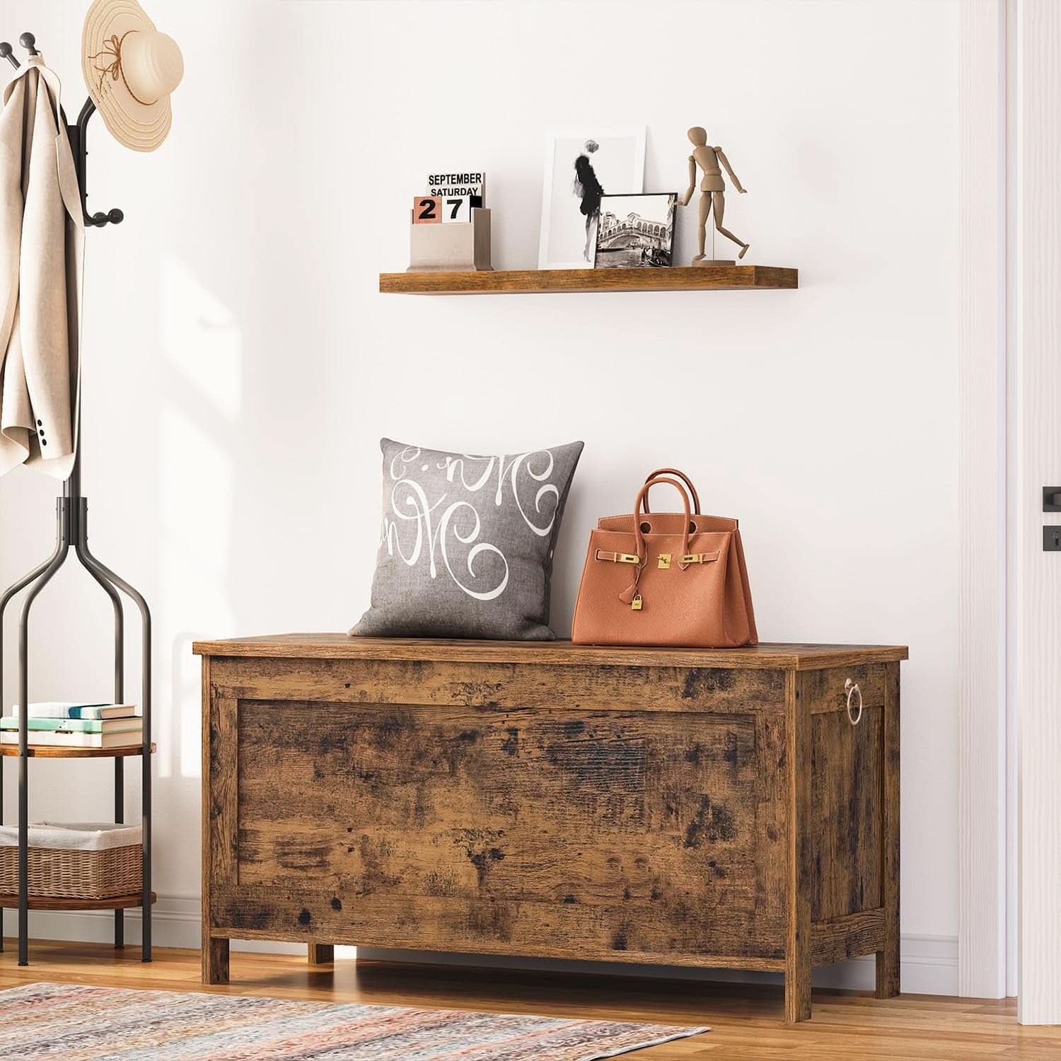 Rustic brown wooden storage bench and toy box with slow-close safety hinges and side rings — view 3