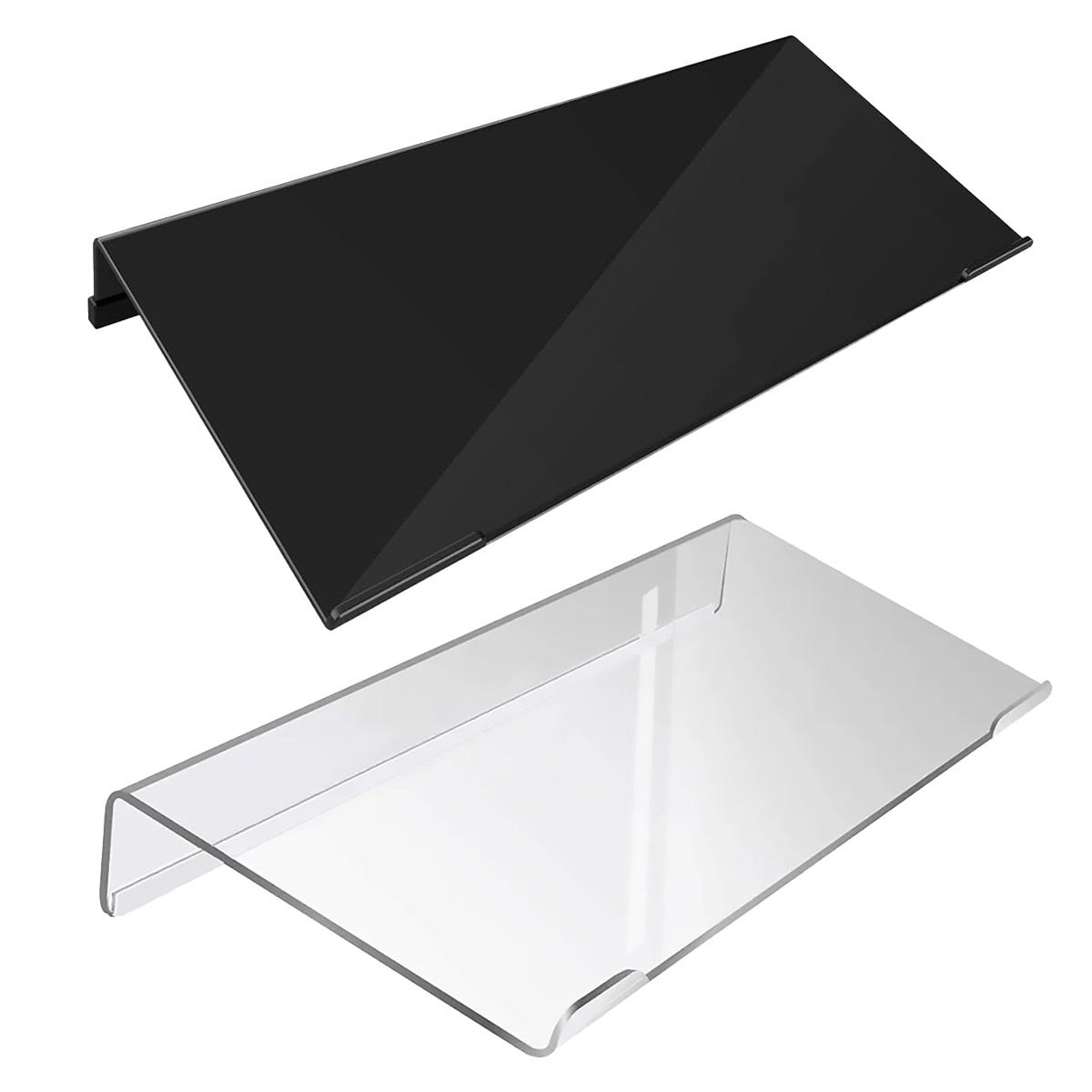 Transparent tilted acrylic keyboard stand supporting a compact black mechanical keyboard on a desk — view 2