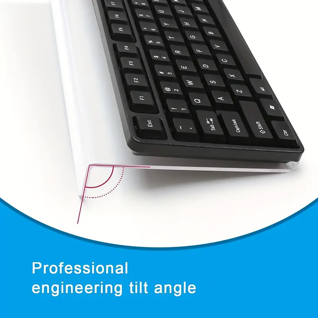 Transparent tilted acrylic keyboard stand supporting a compact black mechanical keyboard on a desk — view 5