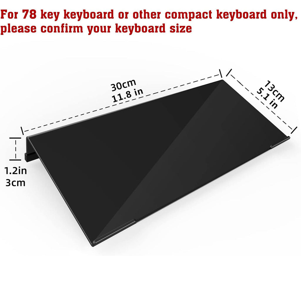 Transparent tilted acrylic keyboard stand supporting a compact black mechanical keyboard on a desk — view 3