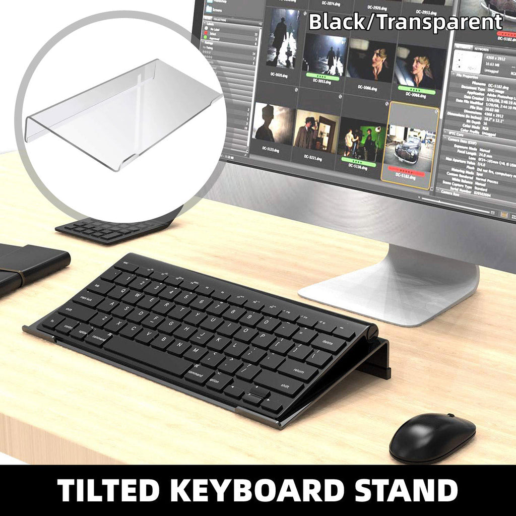 Transparent tilted acrylic keyboard stand supporting a compact black mechanical keyboard on a desk