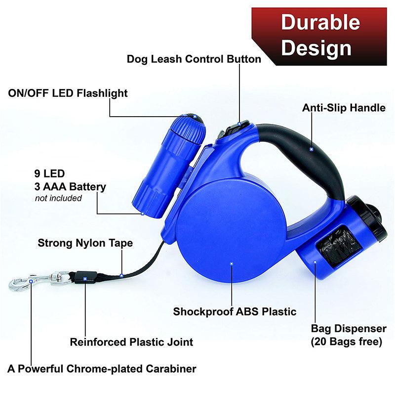 Retractable dog leash with built-in LED lights and waste bag dispenser, featuring an ergonomic handle. — view 3