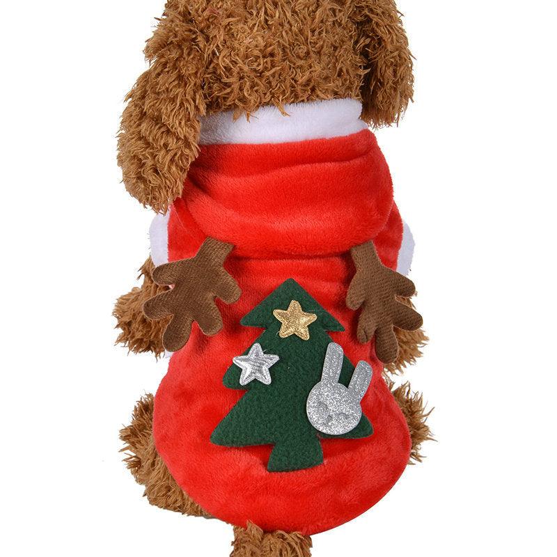 Small dog wearing a festive red and white flannel Santa Claus Christmas costume outfit — view 5