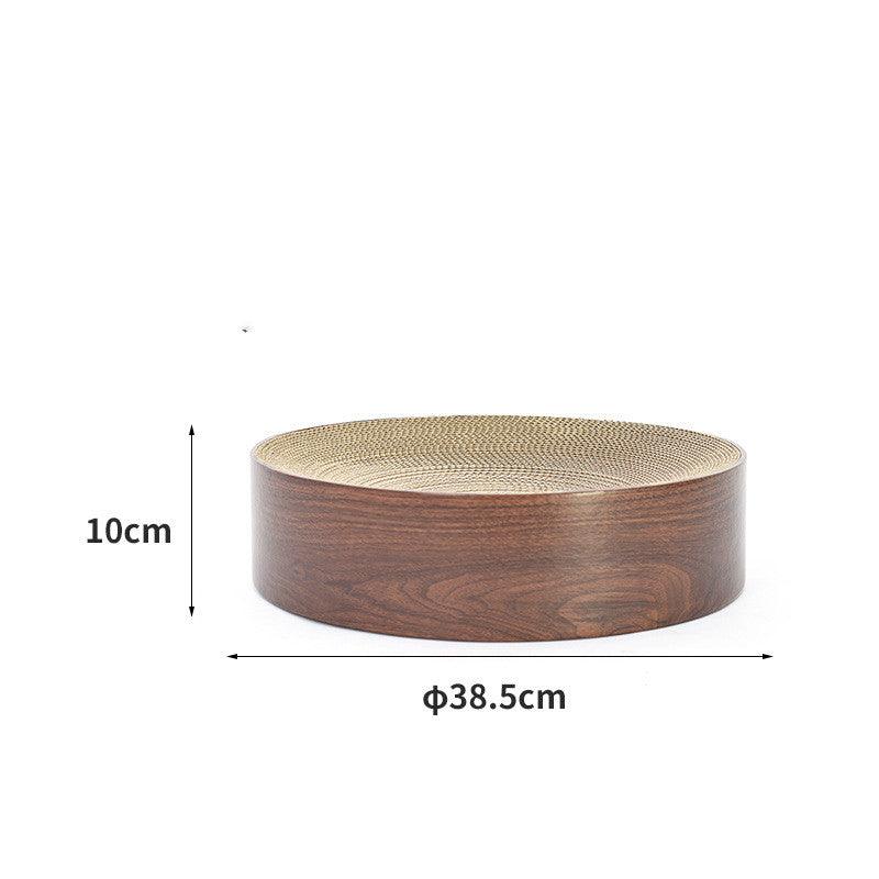 Round corrugated cat scratcher with wooden frame serving as a modern indoor pet lounge — view 3