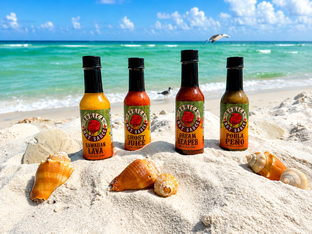 Bohica hot sauce four pack gift set featuring four glass bottles with colorful flavor labels