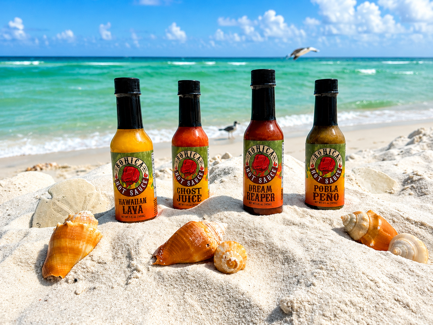 Bohica hot sauce four pack gift set featuring four glass bottles with colorful flavor labels