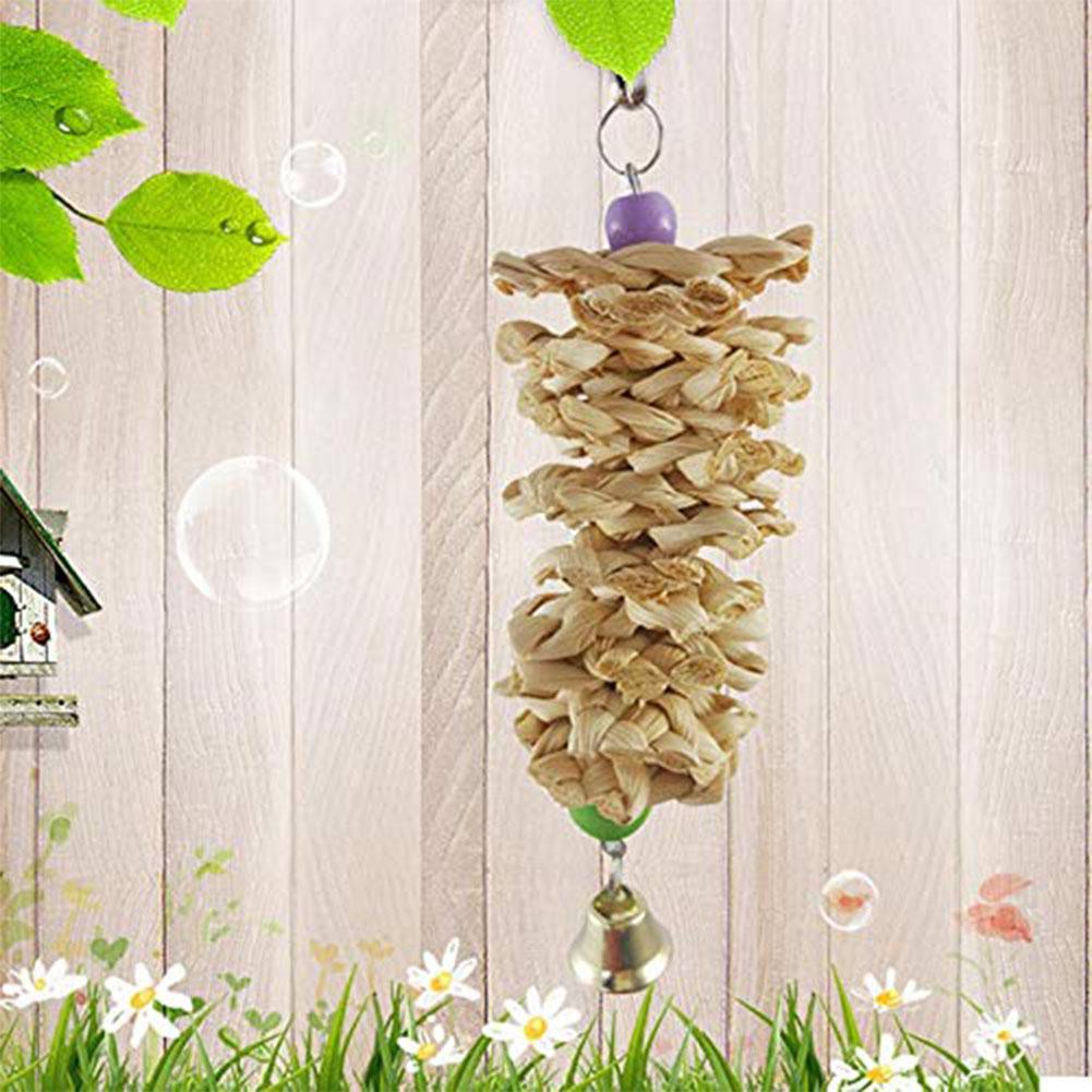 Natural grass bird parrot toy with bell attached to a metal hanging hook for wire cages — view 5