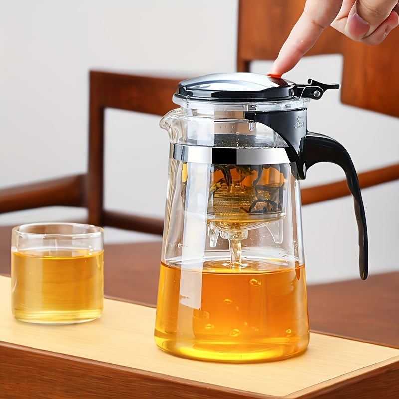 Clear glass tea infuser with one touch press mechanism and black plastic handle, 750ml capacity — view 3