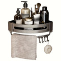 Three tier matte black aluminum corner bathroom shelf with non-drill adhesive mounting