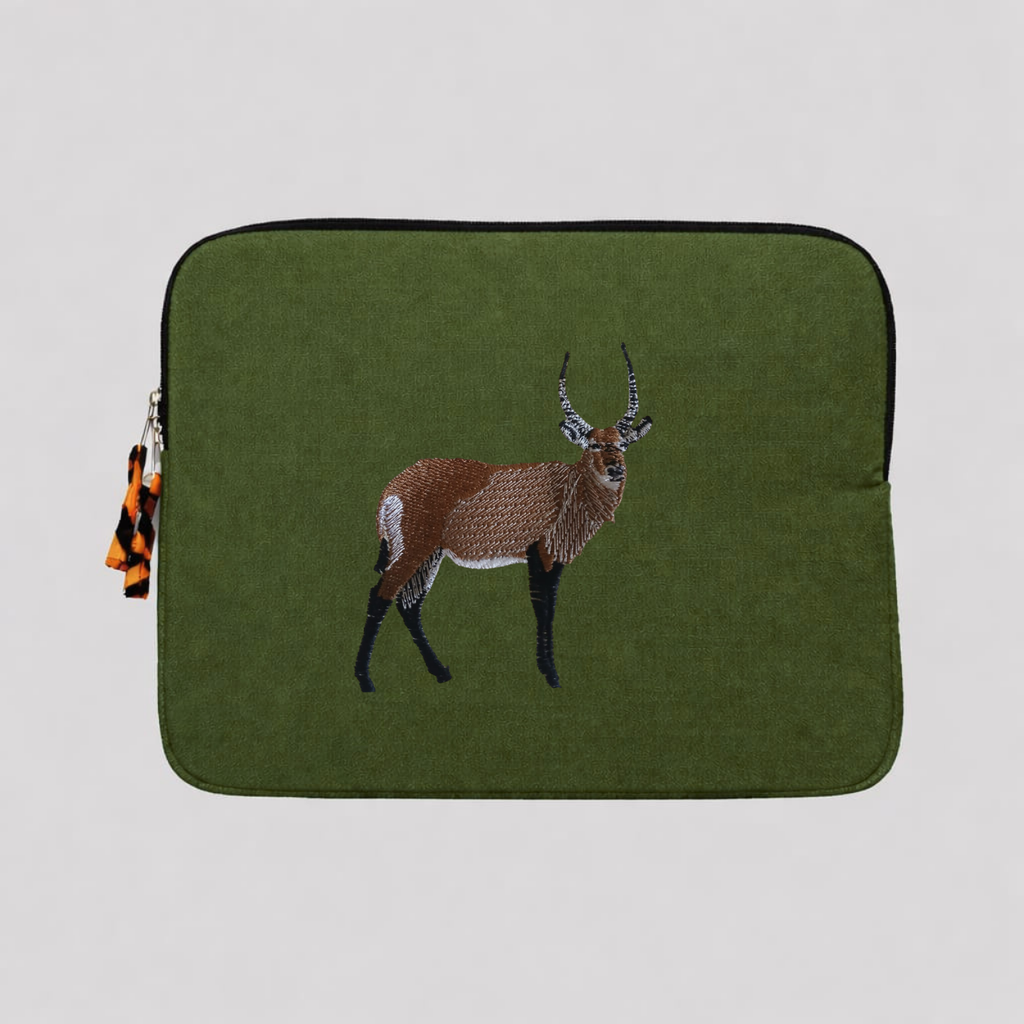 Handmade Kenyan cotton canvas laptop sleeve featuring embroidered African wildlife design in warm earthy tones — view 3