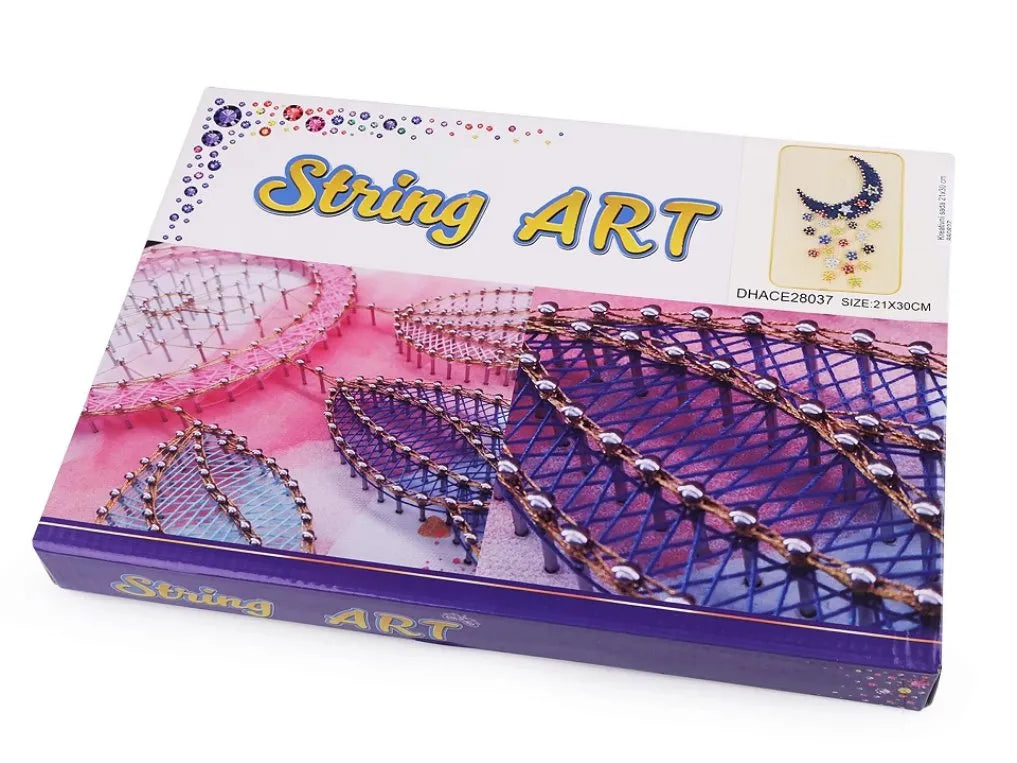 Moon string art craft kit featuring colourful thread, metal pins, and a wooden display stand — view 2