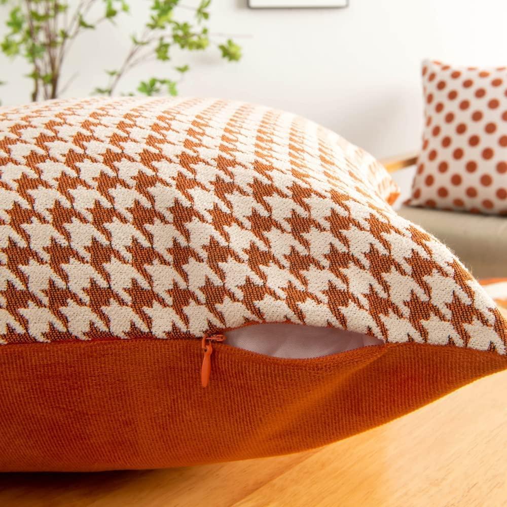 Square orange houndstooth chenille and velvet cushion cover for modern sofa and living room decor — view 5