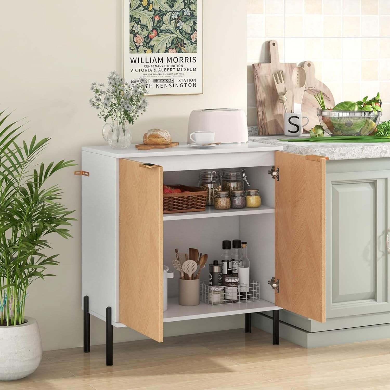 Modern two-door buffet cabinet in white and natural wood finish with sturdy metal base — view 2