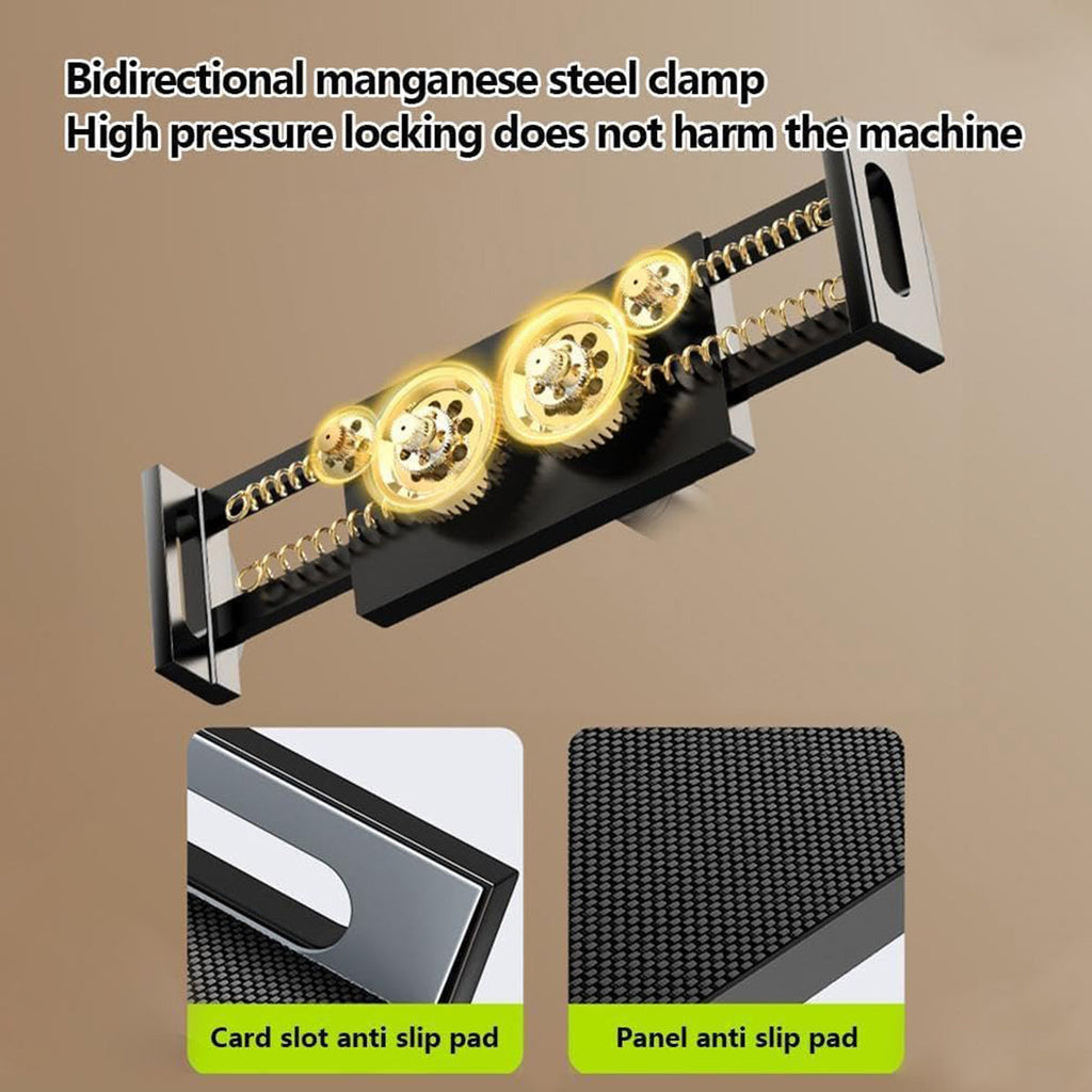 Adjustable carbon steel folding phone and tablet stand positioned upright for a home office desk setup — view 5