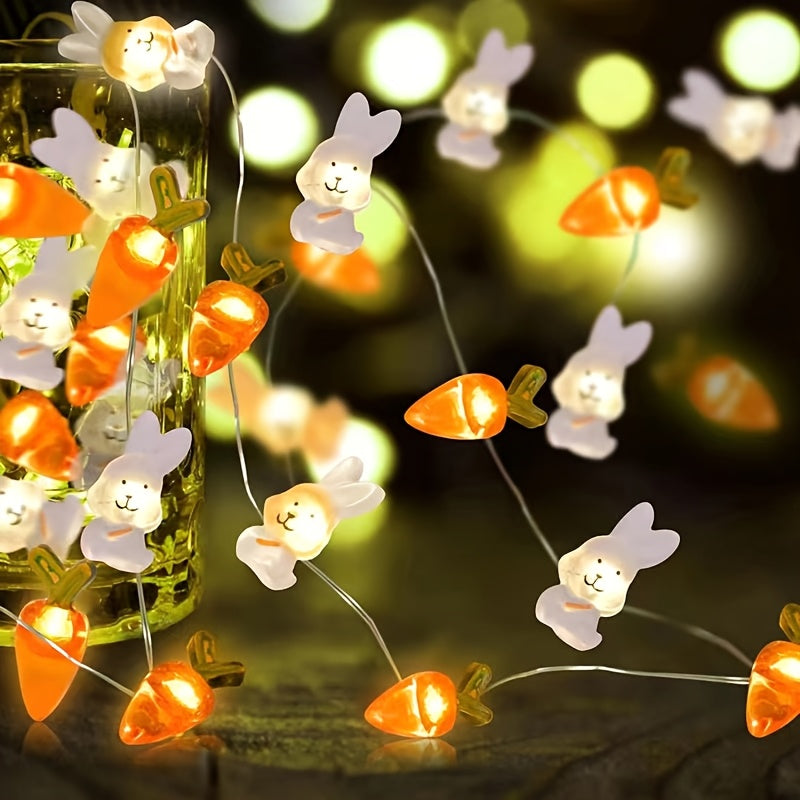 Flexible 2M copper wire string lights featuring glowing LED rabbit and carrot shaped bulbs for Easter. — view 2