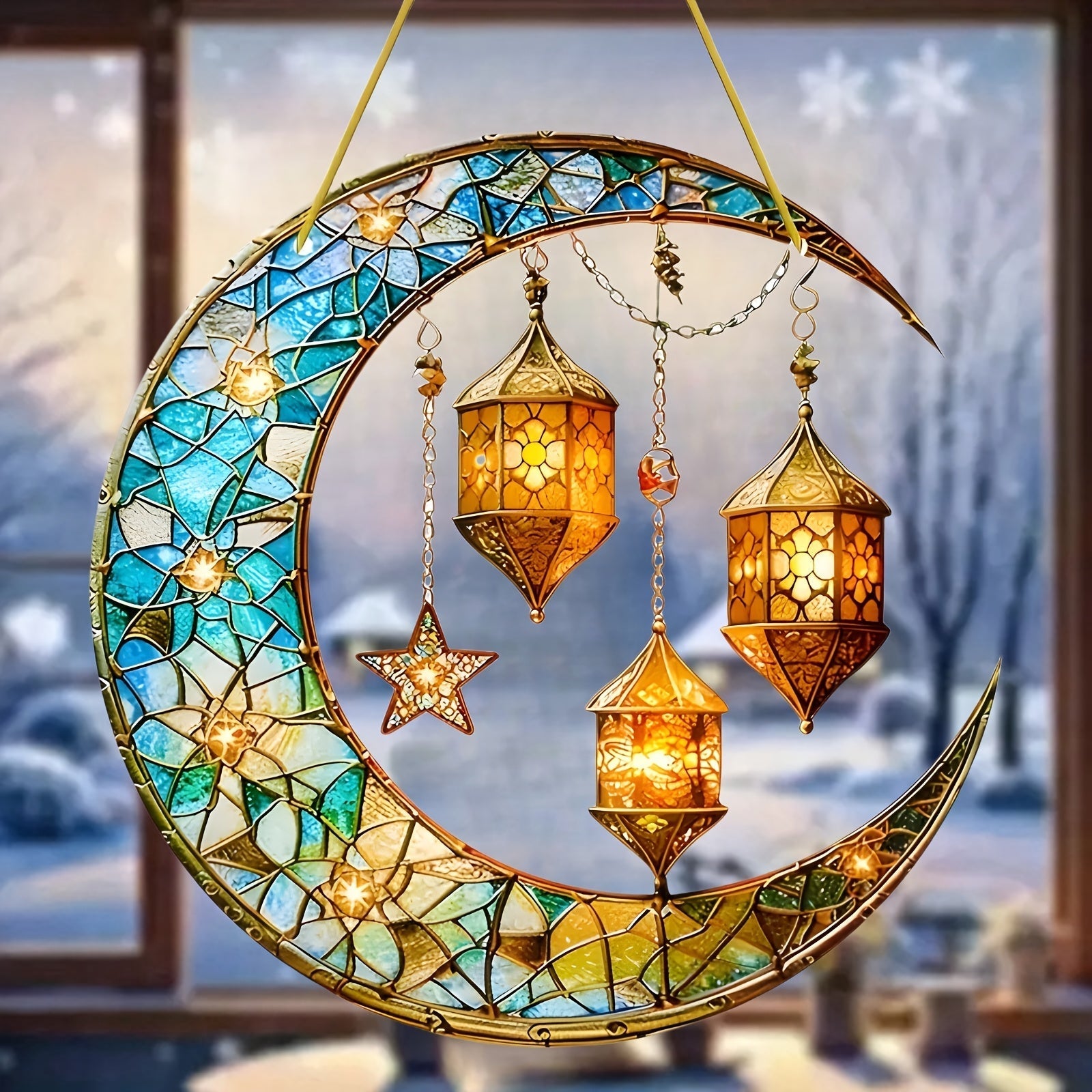 Round flat acrylic Ramadan sun catcher with vibrant imitation stained glass design for window decoration — view 4