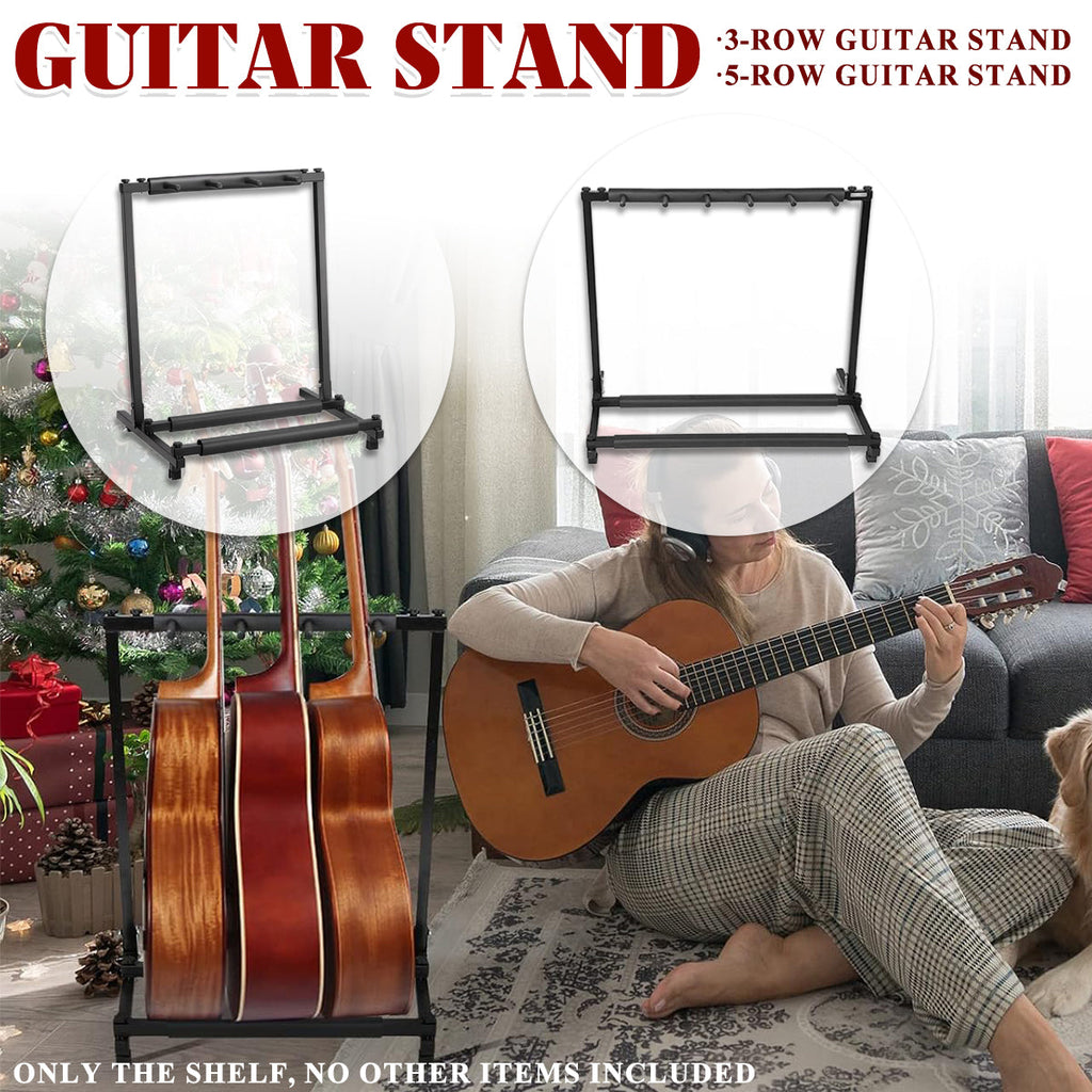 Matte black metal multi guitar stand displaying acoustic and electric guitars securely on floor.