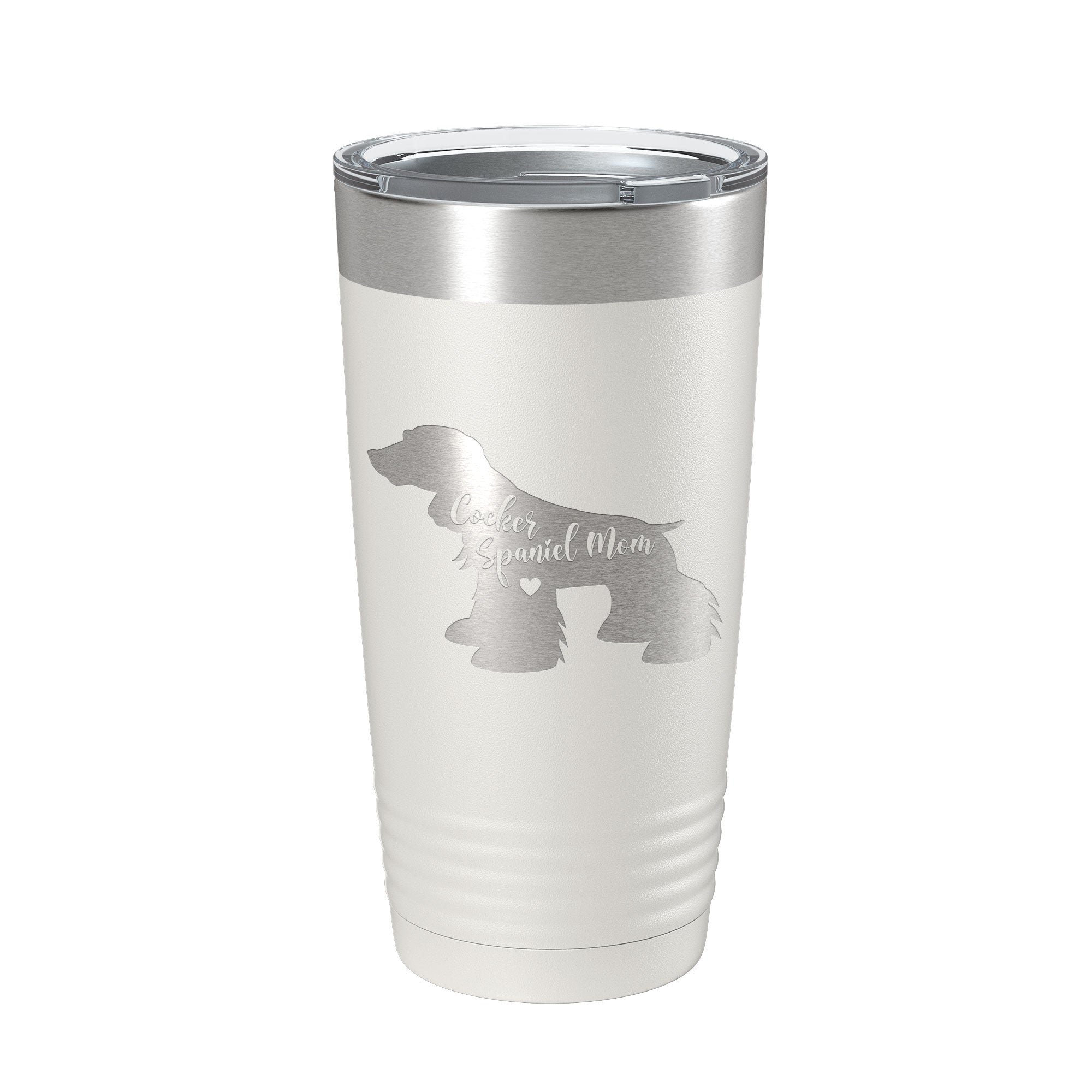 20 oz insulated stainless steel travel tumbler featuring a laser engraved Cocker Spaniel mom design. — view 2