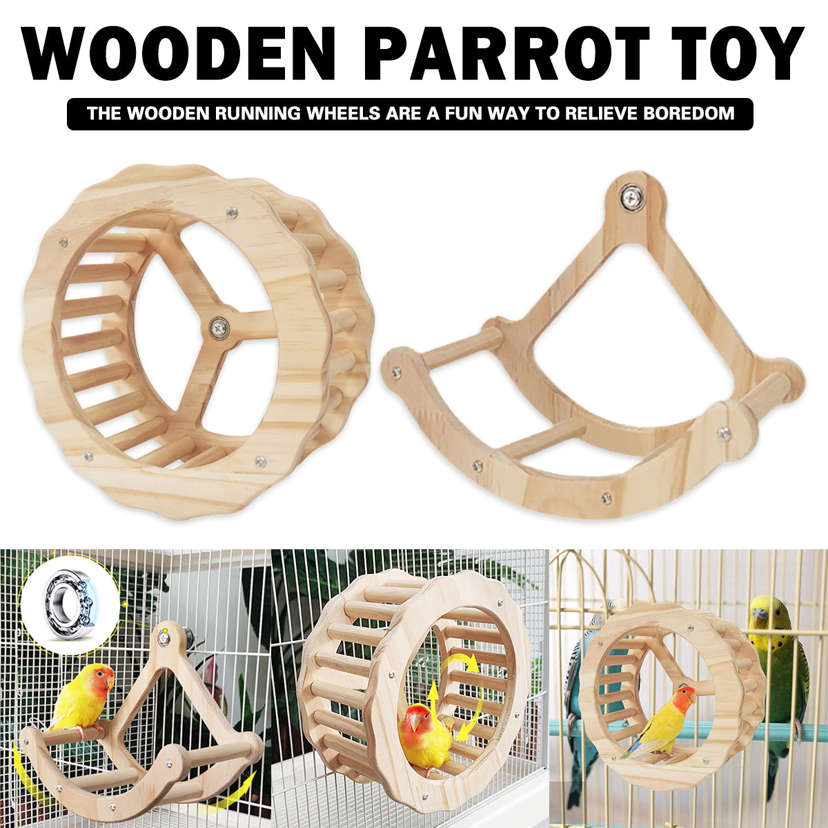 Natural wooden parrot toy set with running wheel and rocking stand for bird cages