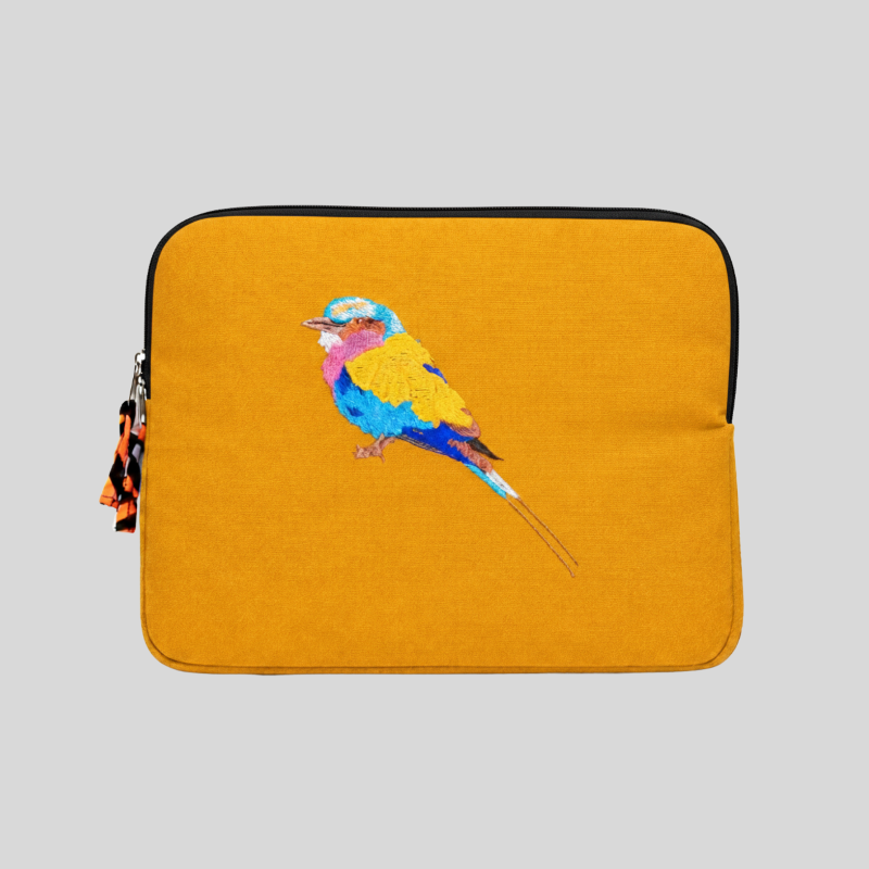 Lilac Breasted Roller laptop sleeve in earthy cotton canvas with stitched bird embroidery for 14-inch laptops — view 4