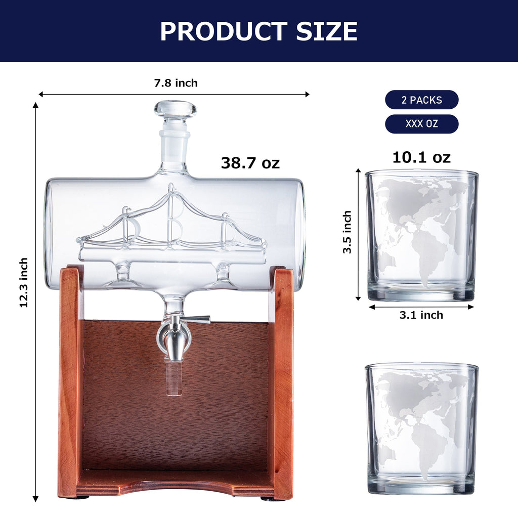 Whiskey and wine ship decanter set with tasting glasses, stainless spigot, and mahogany wood stand — view 3