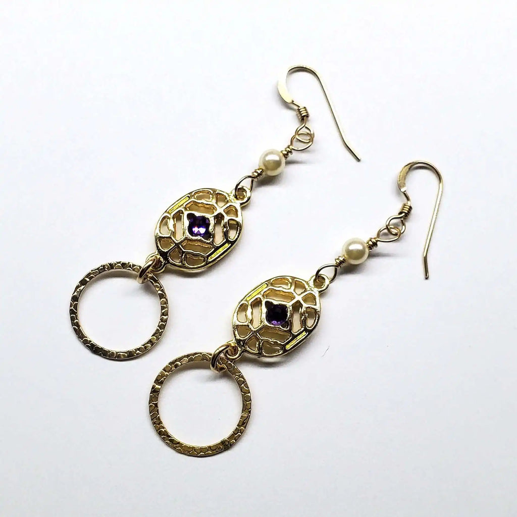 14 K Gold Filled Purple Crystal Circle Filigree Earrings-0