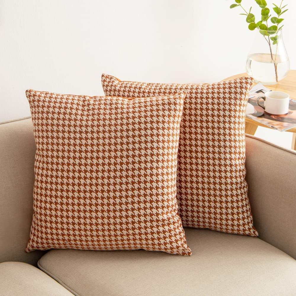 Square orange houndstooth chenille and velvet cushion cover for modern sofa and living room decor — view 3
