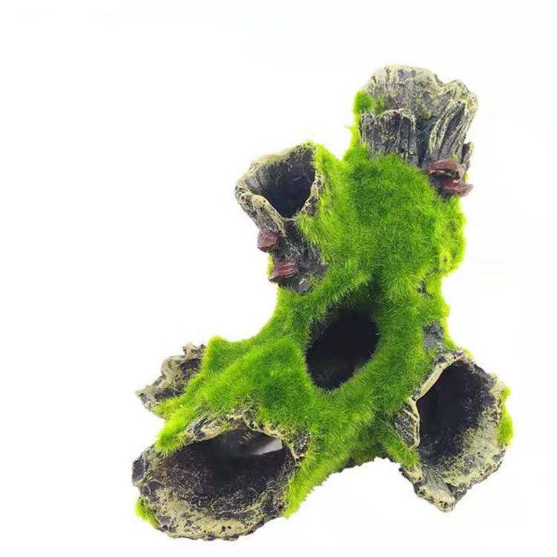 Resin sink wood aquarium decoration with tree hole design and green flocking details for fish tanks — view 4