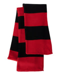 Classic rugby-striped knit winter scarf laid flat showing soft acrylic fabric texture and vintage pattern